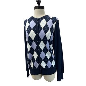 Brooks Brothers Cardigan Womens Medium Navy Blue Excellent Argyle Supima Cotton